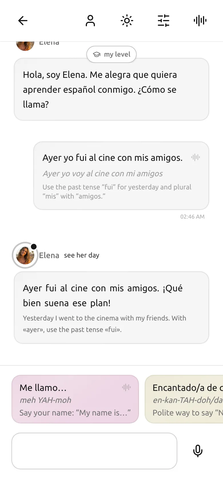 A Spanish sentence with a corrected version, the original underneath and a one-line explanation, followed by the tutor's reply.