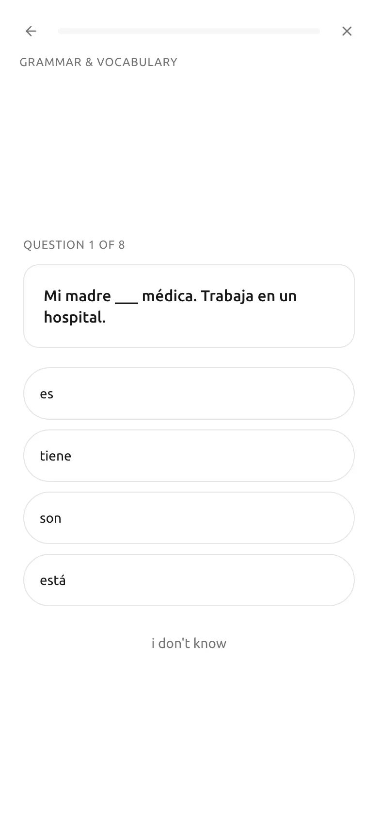 A level-check question in Spanish with four answer choices and an I don't know option.