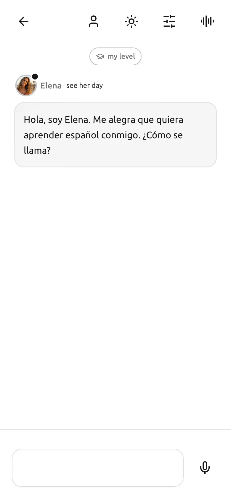 A chat in Spanish. The tutor says hello and asks your name, with a microphone button under the conversation.